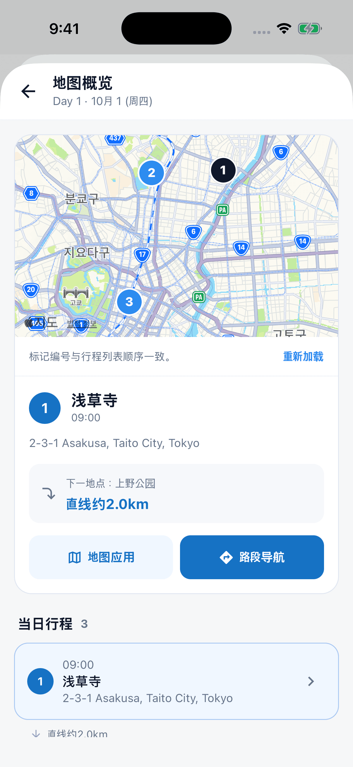 Tripop地图概览显示浅草寺、上野公园和东京站的位置,以及到下一站的直线距离