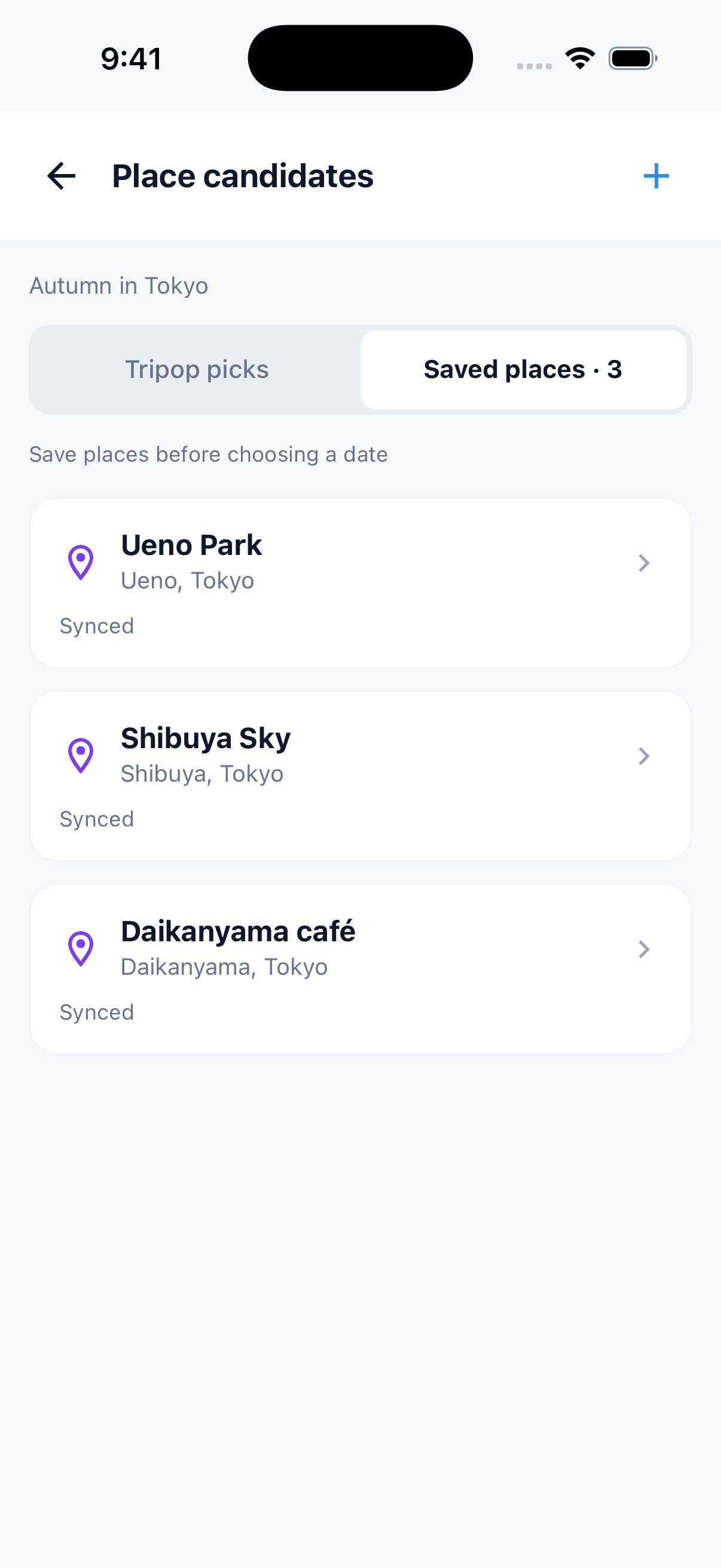 Tripop place candidates with saved locations and notes