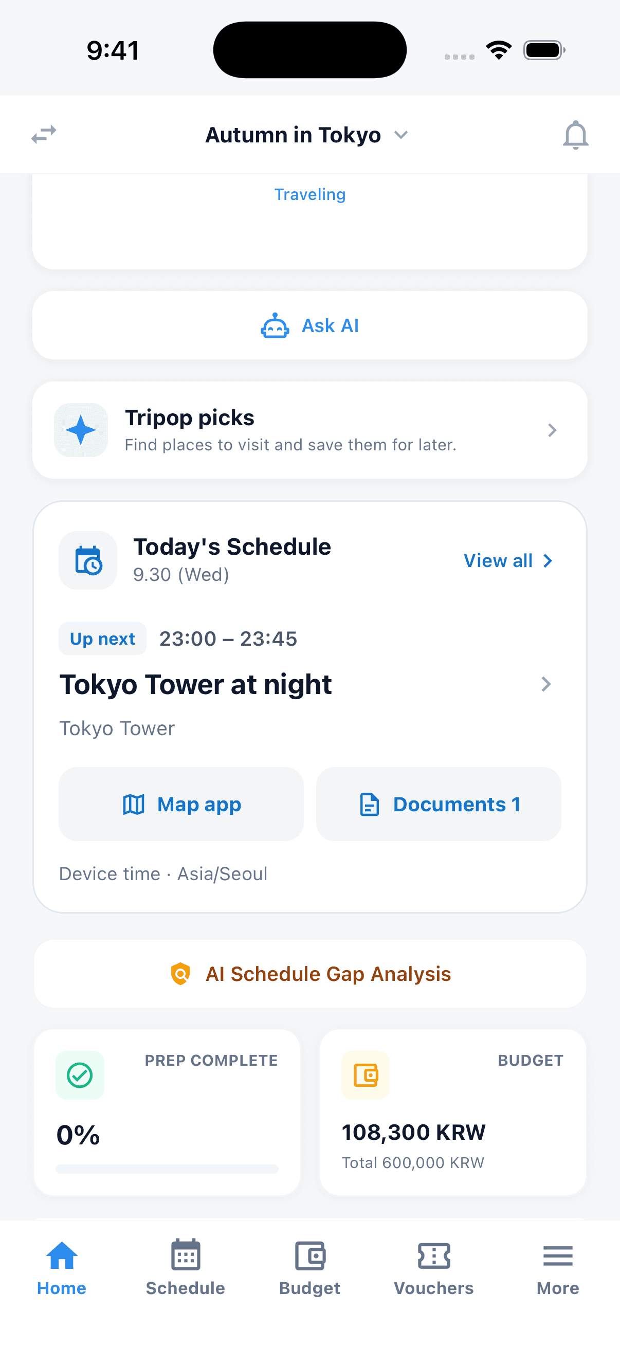 Tripop Home showing the next event and map and document shortcuts