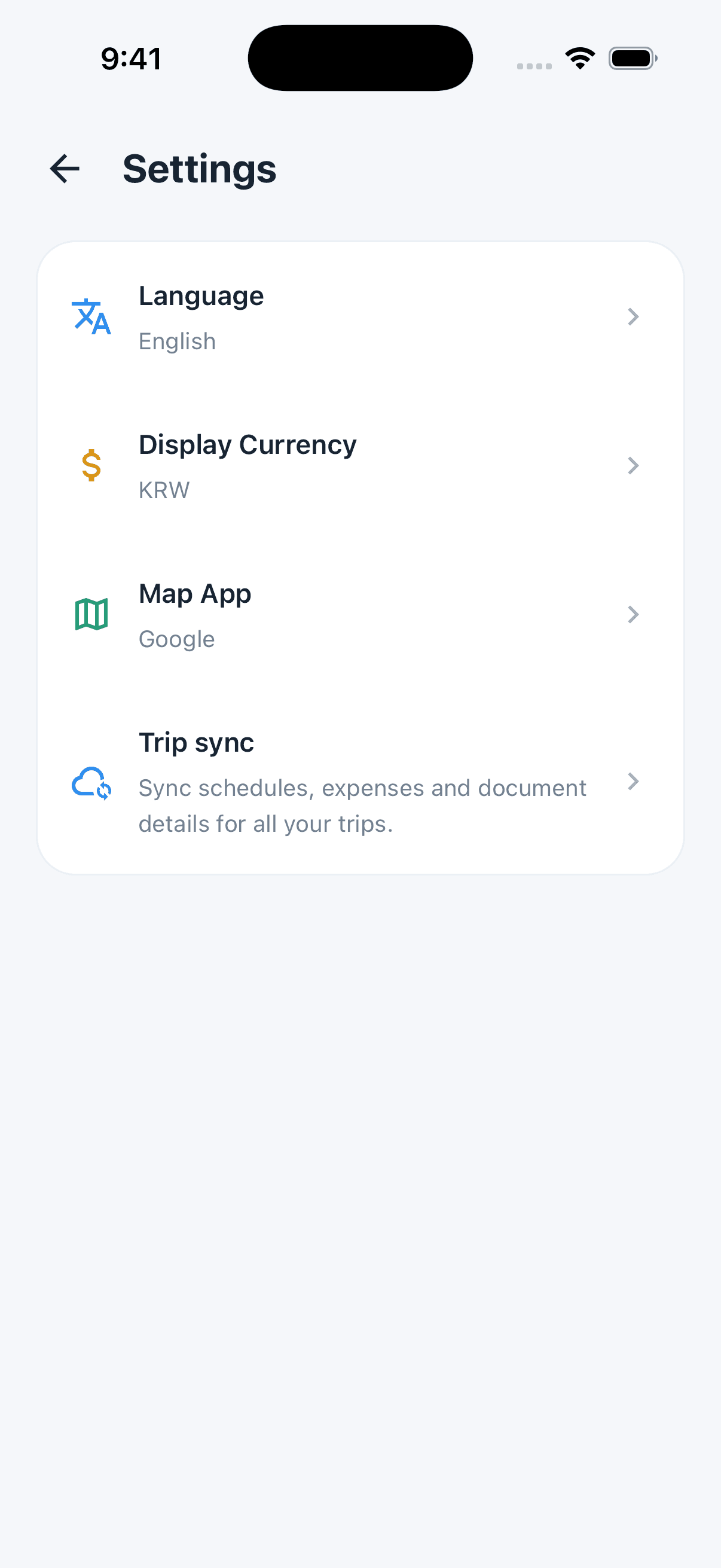 Settings for language, display currency and map app