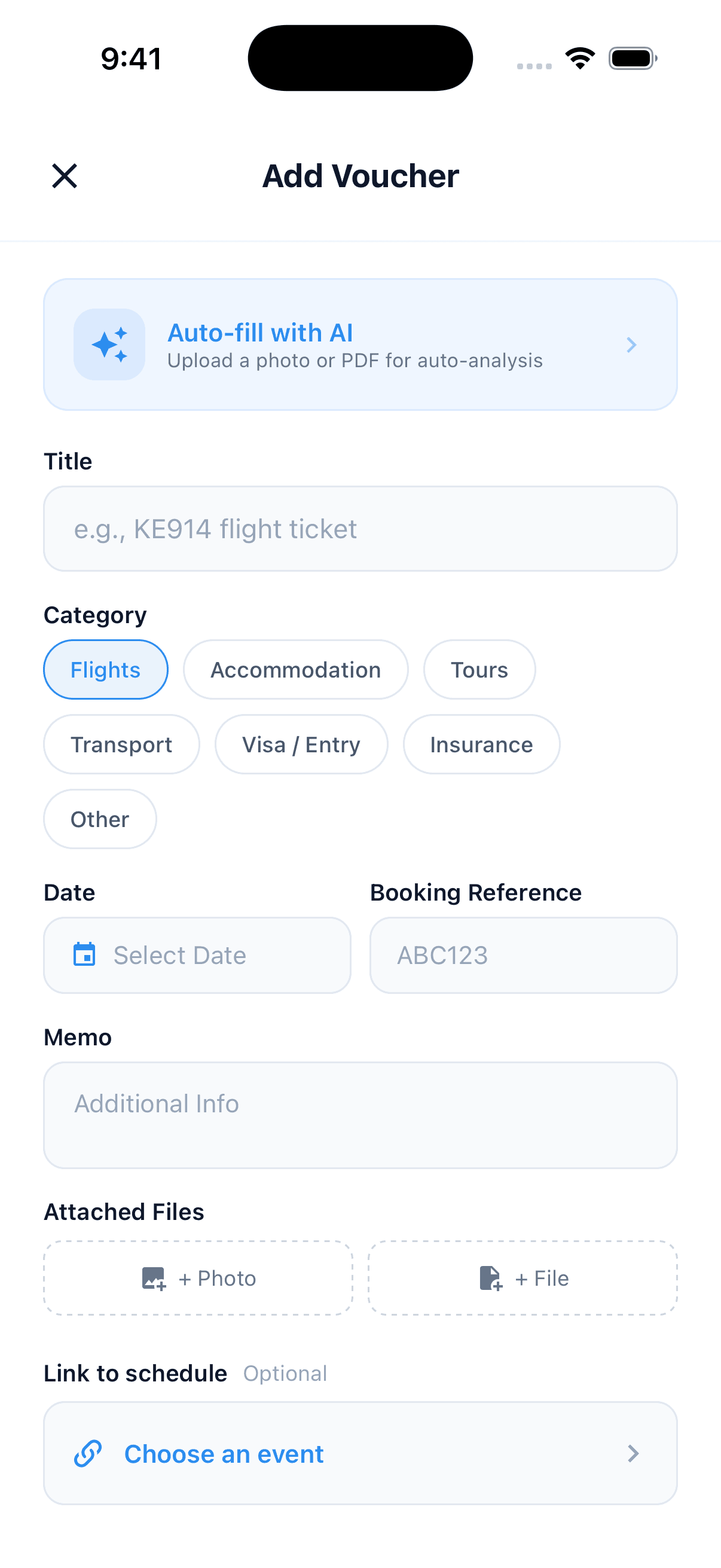 Date-grouped schedule choices for linking a voucher